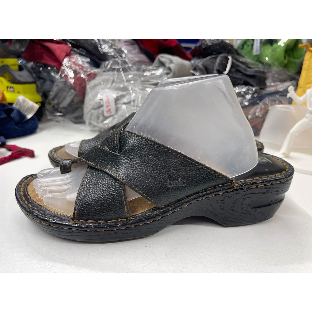 Bolo by Born Womens Black Leather Toe Loop Slide Wedge Sandals Size 10 J08003